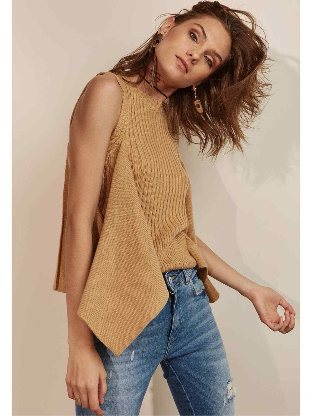 Moon River $90 Avant Garde Sleeveless Knit Swing Tank Sweater Vest Top Camel M